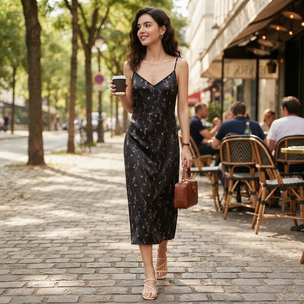 AFRM Black Floral Satin Midi Slip Dress V-Neck Adjustable Straps Small